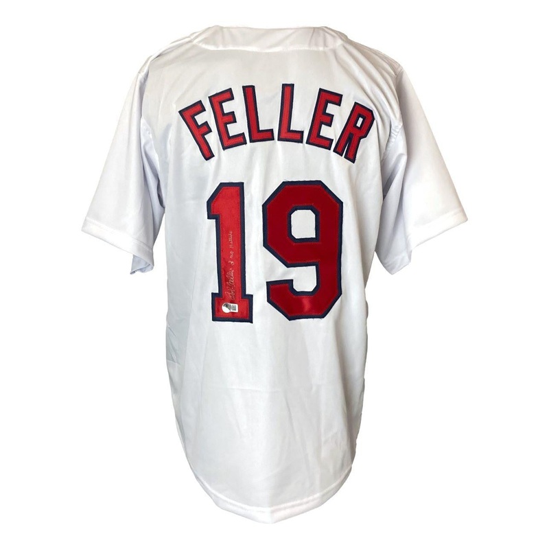 Bob Feller Cleveland Signed White Baseball Jersey 3 No Hitter BAS