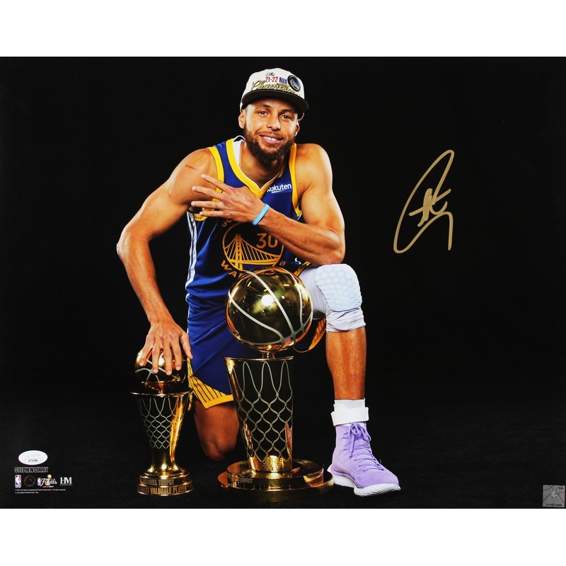 Warriors Stephen Curry Signed 16×20 Horizontal Trophy Blackout Photo JSA