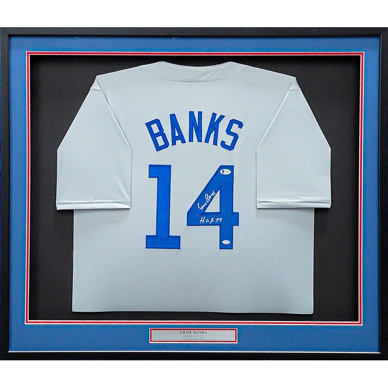 CHICAGO CUBS ERNIE BANKS AUTOGRAPHED FRAMED GRAY JERSEY HOF 77 BECKETT 202410