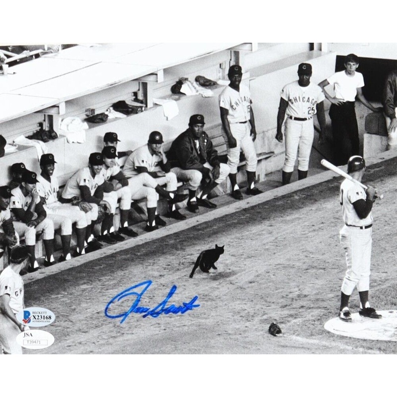 Ron Santo Signed Chicago 8×10 Photo (JSA) 1969 Cubs / Black Cat at Shea Stadium