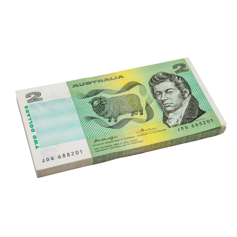 Australia 1976 $2 R86c Knight/Wheeler OCR-B Side Thread Reserve Bank Bundle of 100 Uncirculated Banknotes
