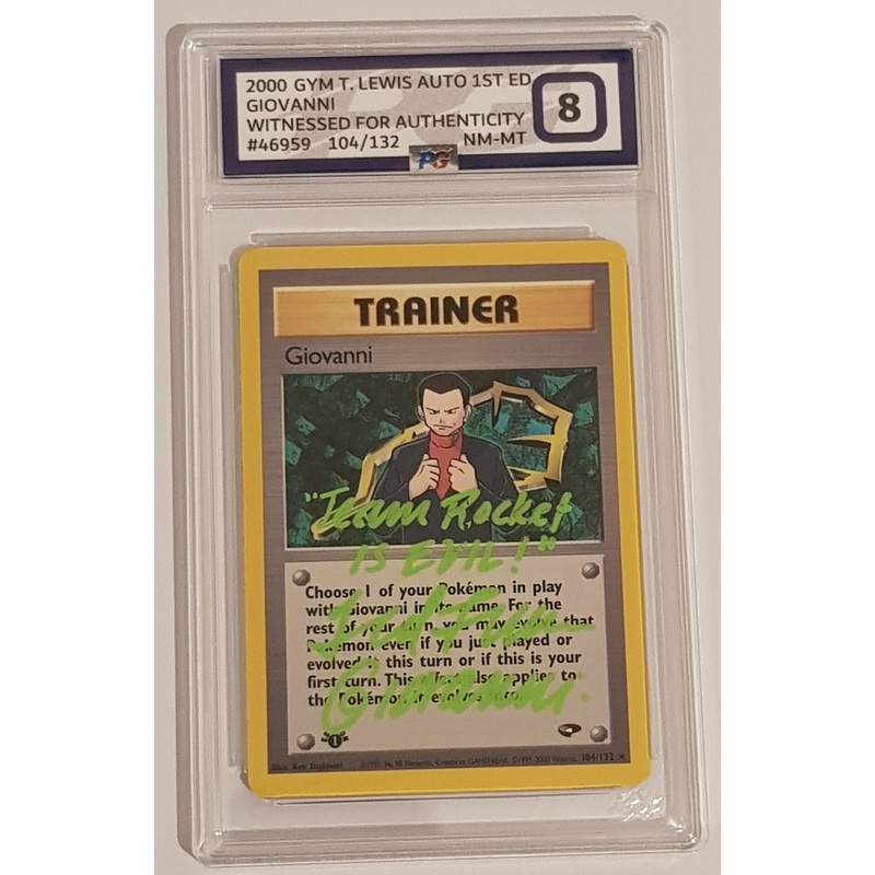 Pokemon Gym Challenge Giovanni (1st Edition) #104/132 Non-Holo PG Grading 8 Trading Card (Signed by Ted Lewis)