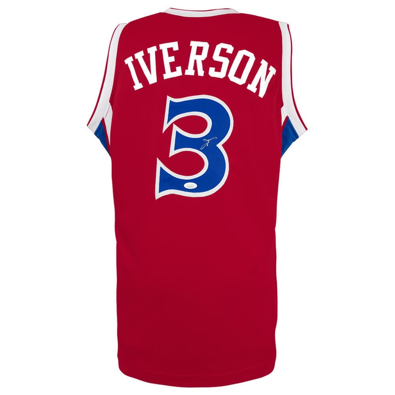 Allen Iverson Signed Red With Blue Numbers Custom Basketball Jersey – (JSA COA)