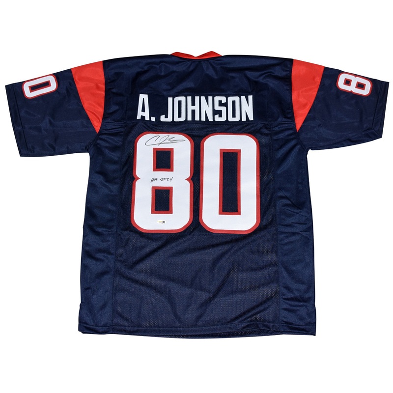 ANDRE JOHNSON SIGNED HOUSTON TEXANS #80 NAVY JERSEY JSA W/ HOF 2024