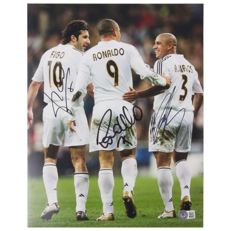 Ronaldo, Figo & Carlos Signed Soccer Print Size 12” x 16” with Beckett COA