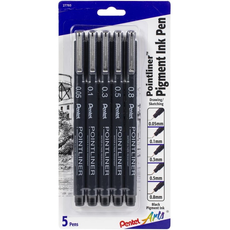 Pentel Arts Pointliner Pigment Ink Pen Assorted Sizes 5/Pkg Black