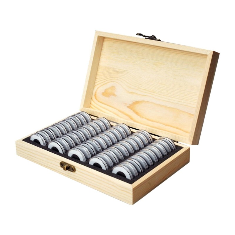Wooden Coin Storage Box for 50pcs Coins Coin Capsules Case Holder Display