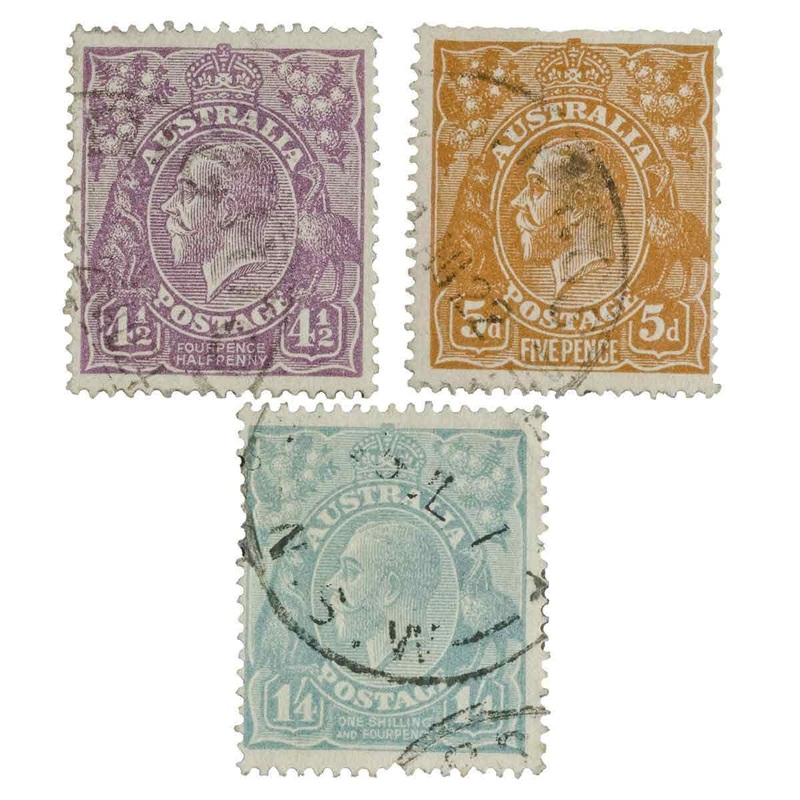 1927-1931 4d Violet, 5d Brown & 1/4 Blue 3-Stamp Set Fine Used
