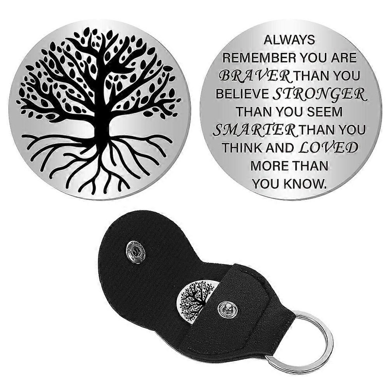 1Pc 201 Stainless Steel Commemorative Coins Inspirational Quote Coin Flat Round with 1Pc PU Leather Guitar Clip Tree of Life Coin: 30x2mm