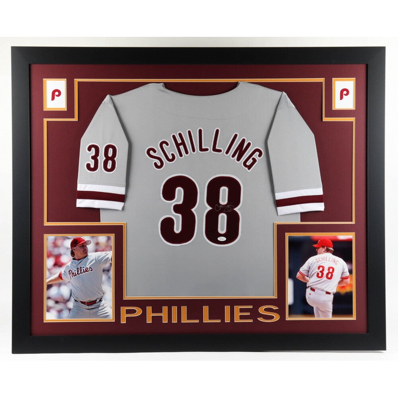 Curt Schilling Signed 35x43Framed Philadelphia Phillies Jersey /JSA QR Code card