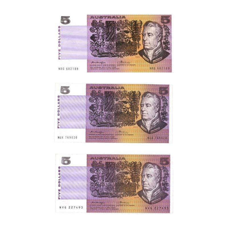 Australia 1976 $5 R206a, R206b & R206c Knight/Wheeler Gothic Centre Thread, Gothic Side Thread & OCR-B Uncirculated Banknote Trio