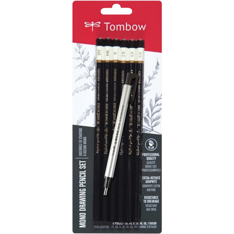 Tombow MONO Drawing Pencils 6/Pkg & Eraser Set 2H, HB, B, 2B, 4B & 6B