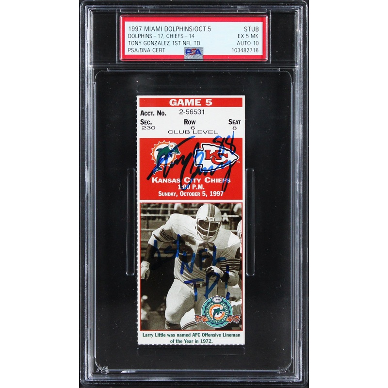 Tony Gonzalez Signed 1st NFL TD! 1997 Ticket Stub Grade EX 5 Auto 10! PSA Slab