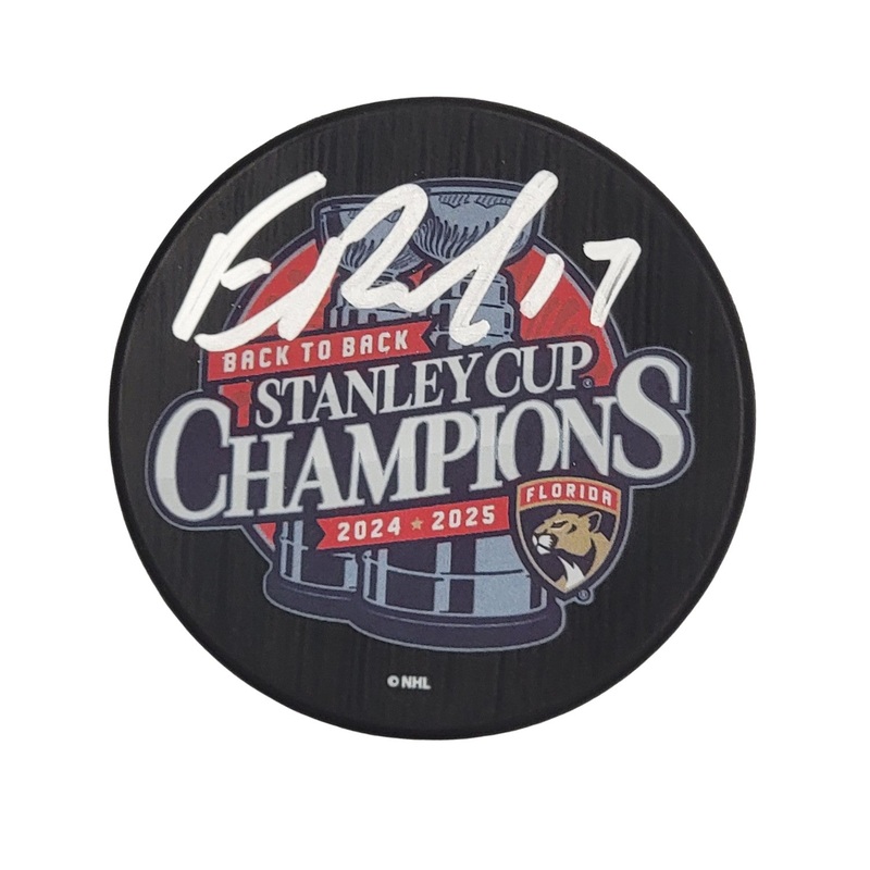 Evan Rodrigues Signed Panthers 2025 Back To Back Stanley Cup Champions Puck JSA