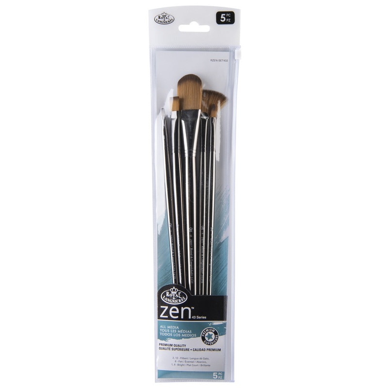 Royal Brush Zen Brush Sets, Series 43 All Media Long Handle Set – Filbert 2, 12, Fan 6, Bright 1, 6 – Peggable