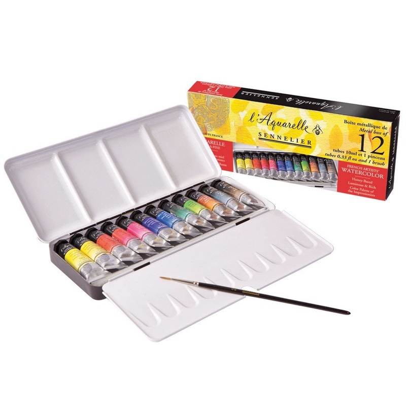 Sennelier French Artists’ Watercolor Tube Sets, 12-Color Metal Tin Set – 10ml Tubes
