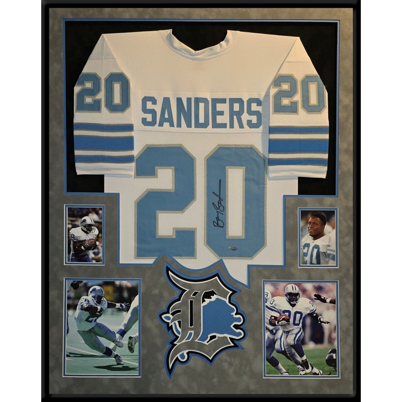 SUEDE FRAMED DETROIT LIONS BARRY SANDERS AUTOGRAPHED SIGNED JERSEY TRISTAR HOLO