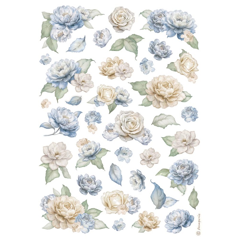 Stamperia Timeless A4 Rice Paper Roses and Blue Flowers Pattern (1pc)