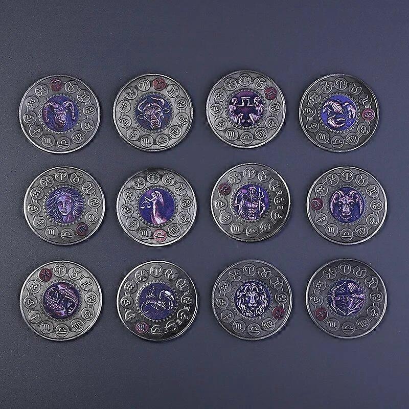 12Pcs/Set Constellations Zodiac Coins Metal Color Relief Collectible Challenge  Coin Set Holder Home Decor Crafts Gift