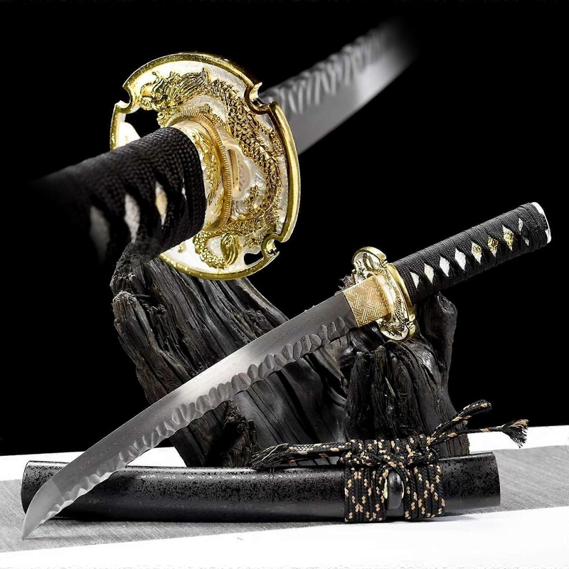 Japanese Wakizashi, Pattern Steel Katana, Wooden Sheath, HandForged Short Samurai Sword  55cm