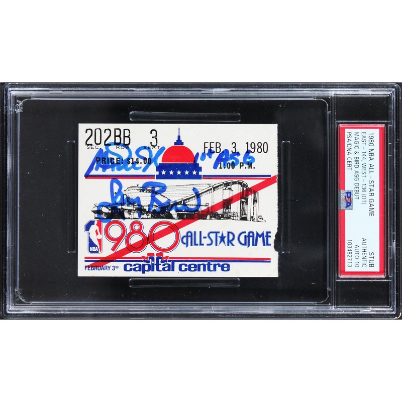Magic Johnson & Larry Bird Signed 1980 NBA ASG Ticket Stub Auto 10! PSA/DNA Slab