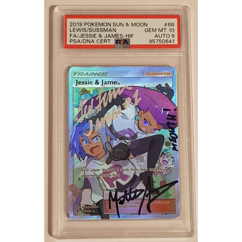 Pokemon Sun and Moon Hidden Fates Jessie and James #68/68 PSA 10/AUTO 9 Full Art Ultra Rare Holo Trading Card (Signed by Ted Lewis and Matthew Sussman)