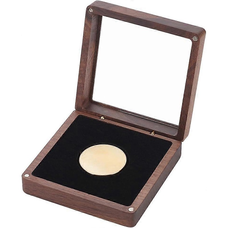 Square Wooden Single Coin Presentation Boxes Magnetic Commemorative Coin Badge Display Gift Case with Plastic Visibal Windows Coconut Brown 10.3×10.3x