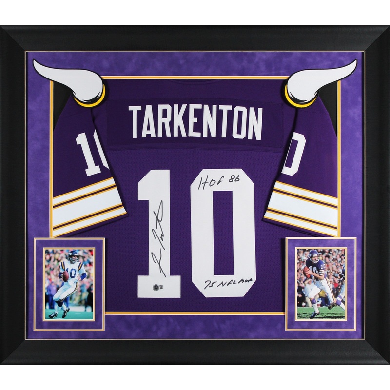 Vikings Fran Tarkenton 2x Insc Signed Purple M&N TB Framed Jersey BAS Witness