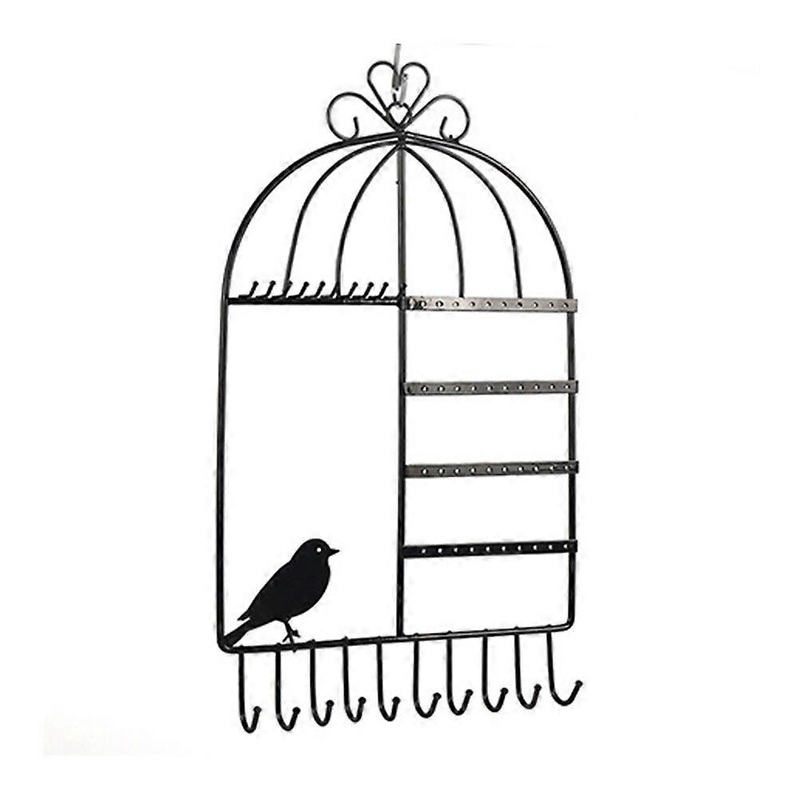 Birdcage Shaped Earrings Necklace Jewelry Copper Plated Display Stand Rack Holder Wall Mounted (Black)