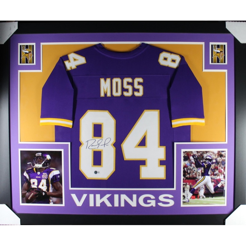 Randy Moss Autographed/Signed Pro Style Purple XL Framed Jersey Beckett 51232