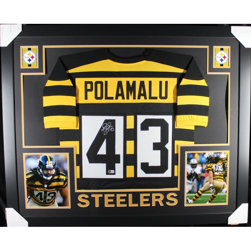 TROY POLAMALU (Steelers bumblebee SKYLINE) Signed Autograph Frame Jersey Beckett
