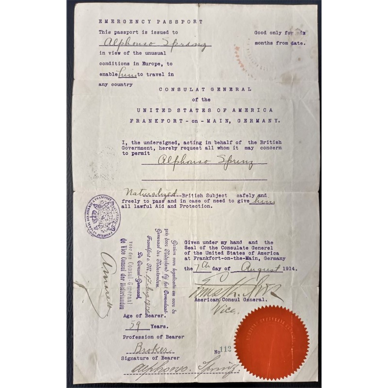 1914 EMERGENCY PASSPORT ISSUED BY US CONSUL GENERAL IN GERMANY TO JEWISH STOCKBROKER