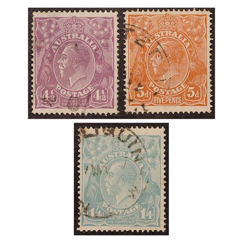 1915-1924 4d Violet, 5d Brown, 1/4 Blue 3-Stamp Set Fine Used