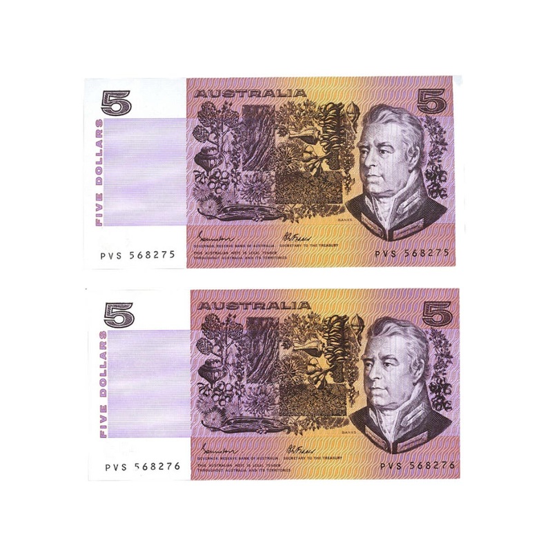 1985 R209a $5 Johnston/Fraser OCR-B Banknote Consecutive Pair Uncirculated