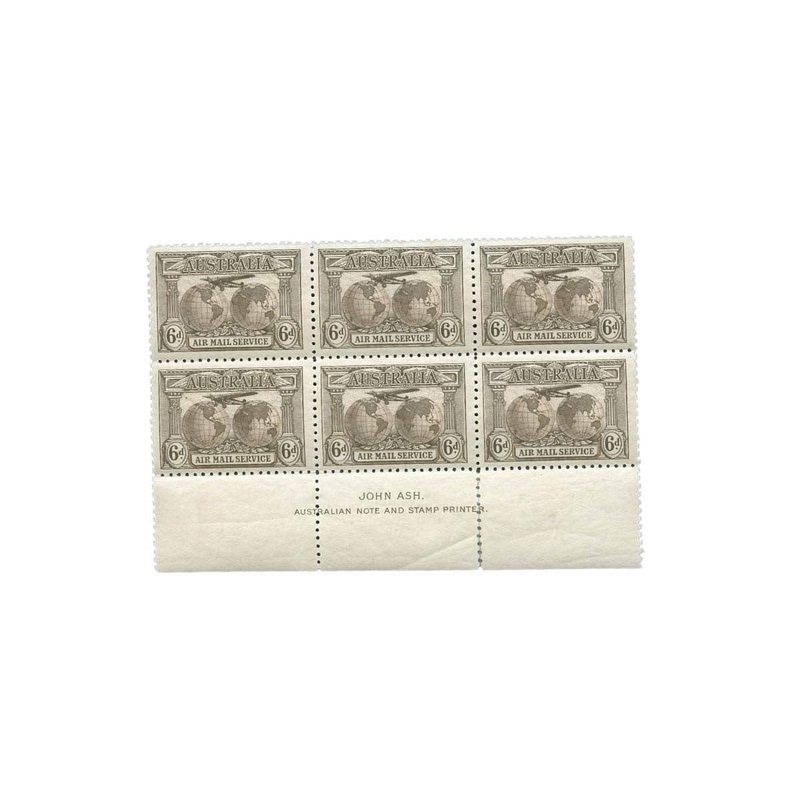 Australia 1931 6d Brown Airmail Stamp Ash Imprint Block of Six Mint Unhinged