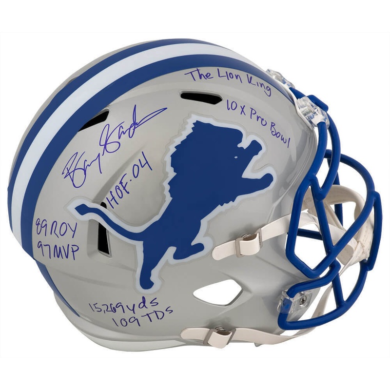 Barry Sanders Signed Lions T/B Riddell Full Size Rep Helmet w/7-INSC – (SS COA)