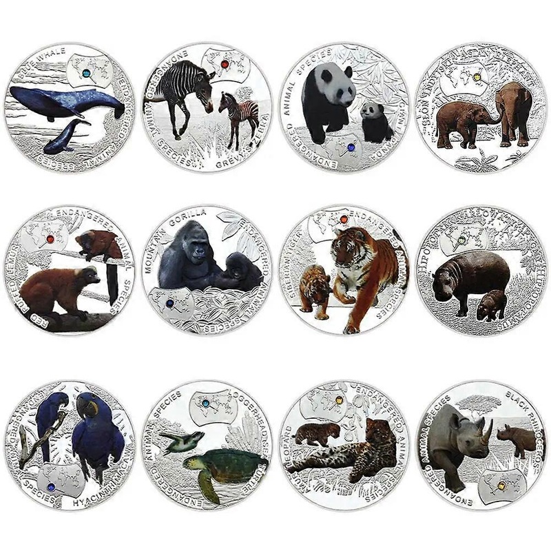 12Coins/Set Africa Animals Collectible Coins Set Endangered Wildlife Commemorative Coin Art Collection Home Decor Crafts Gifts