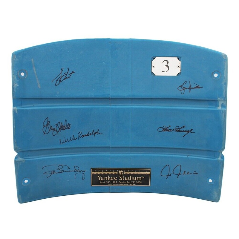 Team Autographed/Signed Yankees Stadium Blue Seatback – Dent, Nettles, Guidry