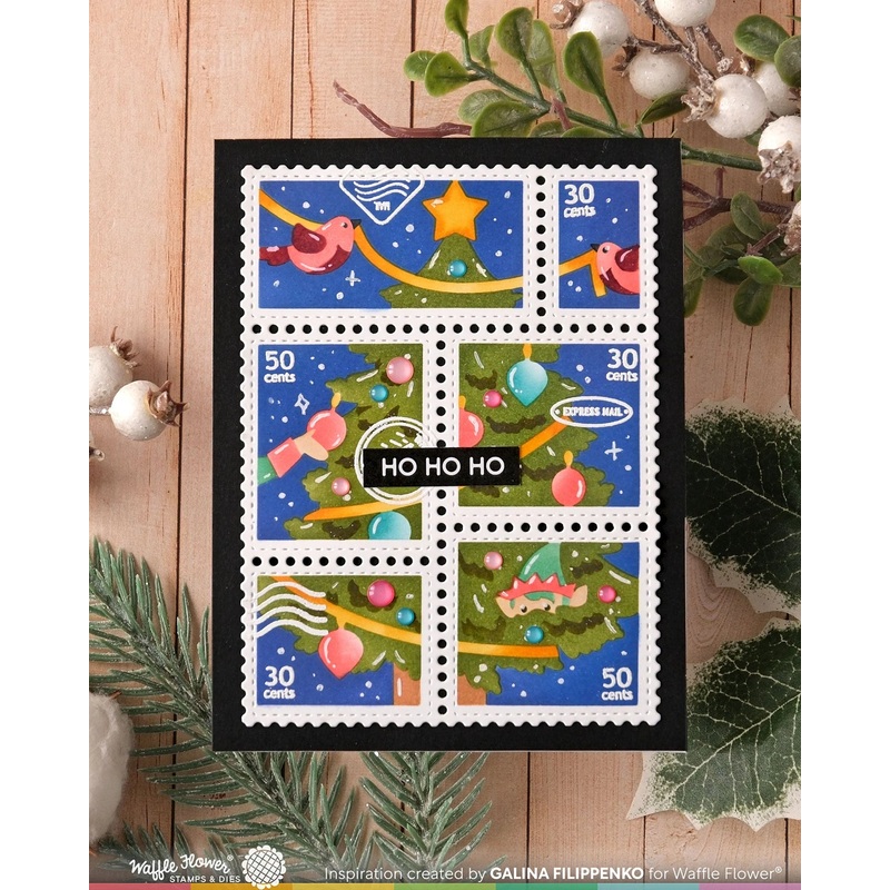 Waffle Flower x Galina Filippenko – Postage Collage Vertical Tree Stencil