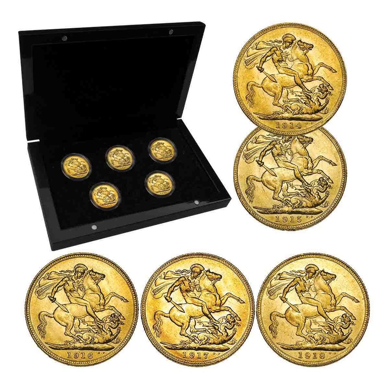 George V 1914-18 WWI Gold Sovereign Extremely Fine-about Uncirculated 5-Coin Set