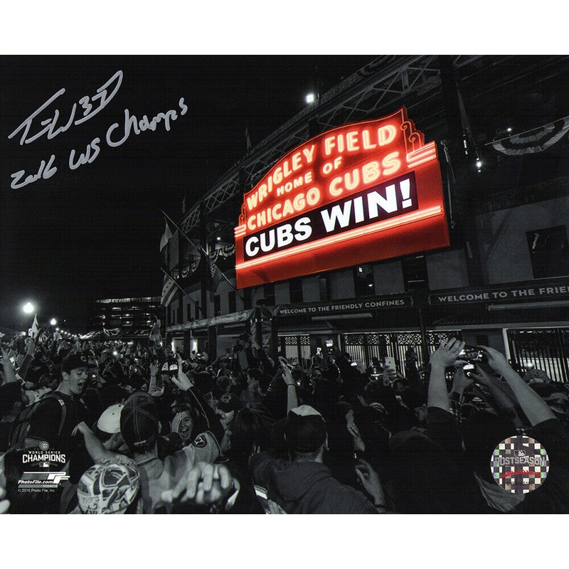 Travis Wood Signed Cubs 2016 WS Wrigley Field Marquee 8×10 w/Champs – (SS COA)