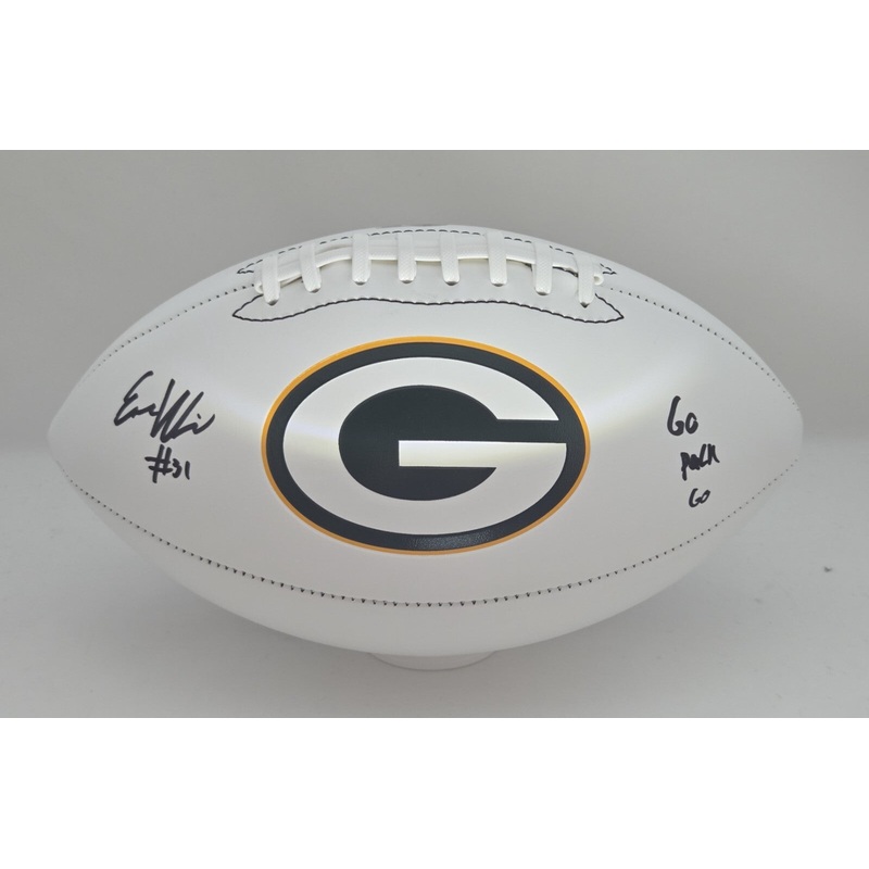 Green Bay Packers EMANUEL WILSON Signed White Panel Replica Football AUTO – BAS
