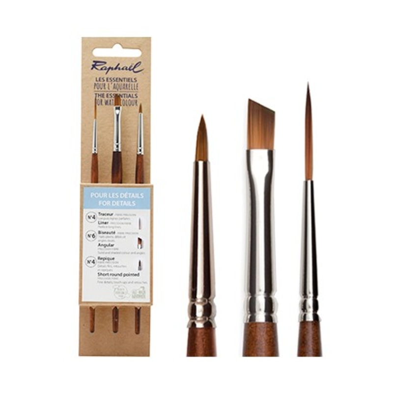 Raphael Essentials Acrylic & Watercolor Brush Sets, Watercolor, 3-Brush Set