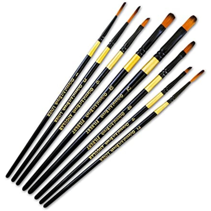 Color Factory Oriental Inspired Artist Brush Set with Wood Handle and Liner/Filbert/Angular Nylon Bristle, 8-Piece