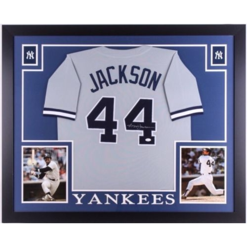 Reggie Jackson Signed New York Yankees 35×43 Framed Jersey (JSA COA) Mr. October