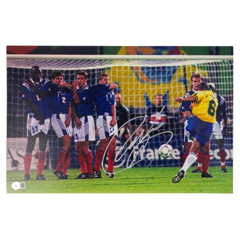 Roberto Carlos Signed Iconic Goal Soccer Print Size 7” x 11” with Beckett COA