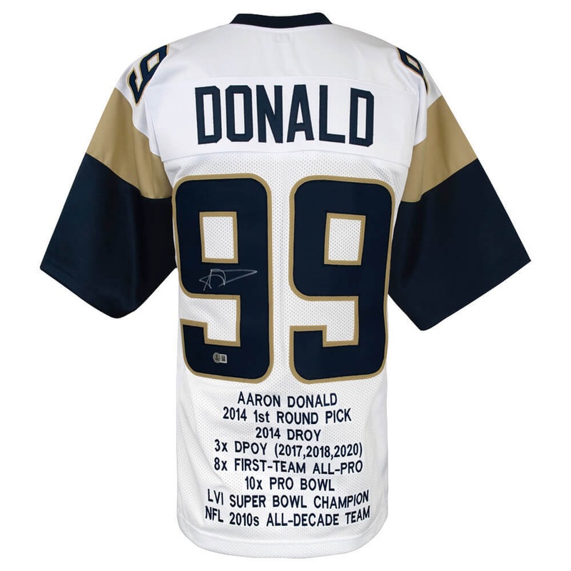 Aaron Donald Signed White Custom Embroidered Stat Football Jersey -(BECKETT COA)