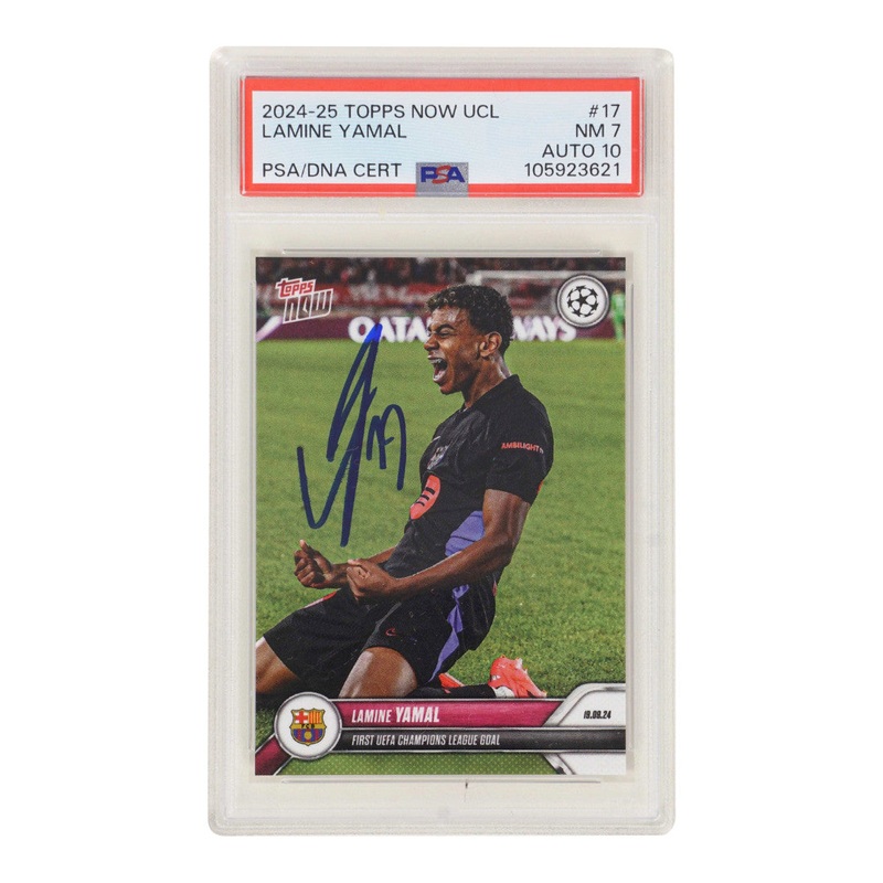 Lamine Yamal Signed & Inscribed 2024 Topps Now First UCL Goal – PSA 7 Auto 10