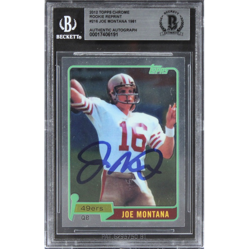 49ers Joe Montana Signed 2012 Topps Chrome Rookie Reprint #216 Card BAS Slabbed