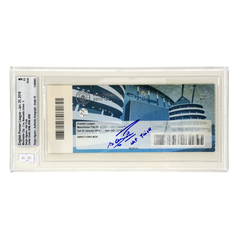 Sergio Aguero Signed 2018 350th Career Goal Match Ticket Inscribed – BGS 5